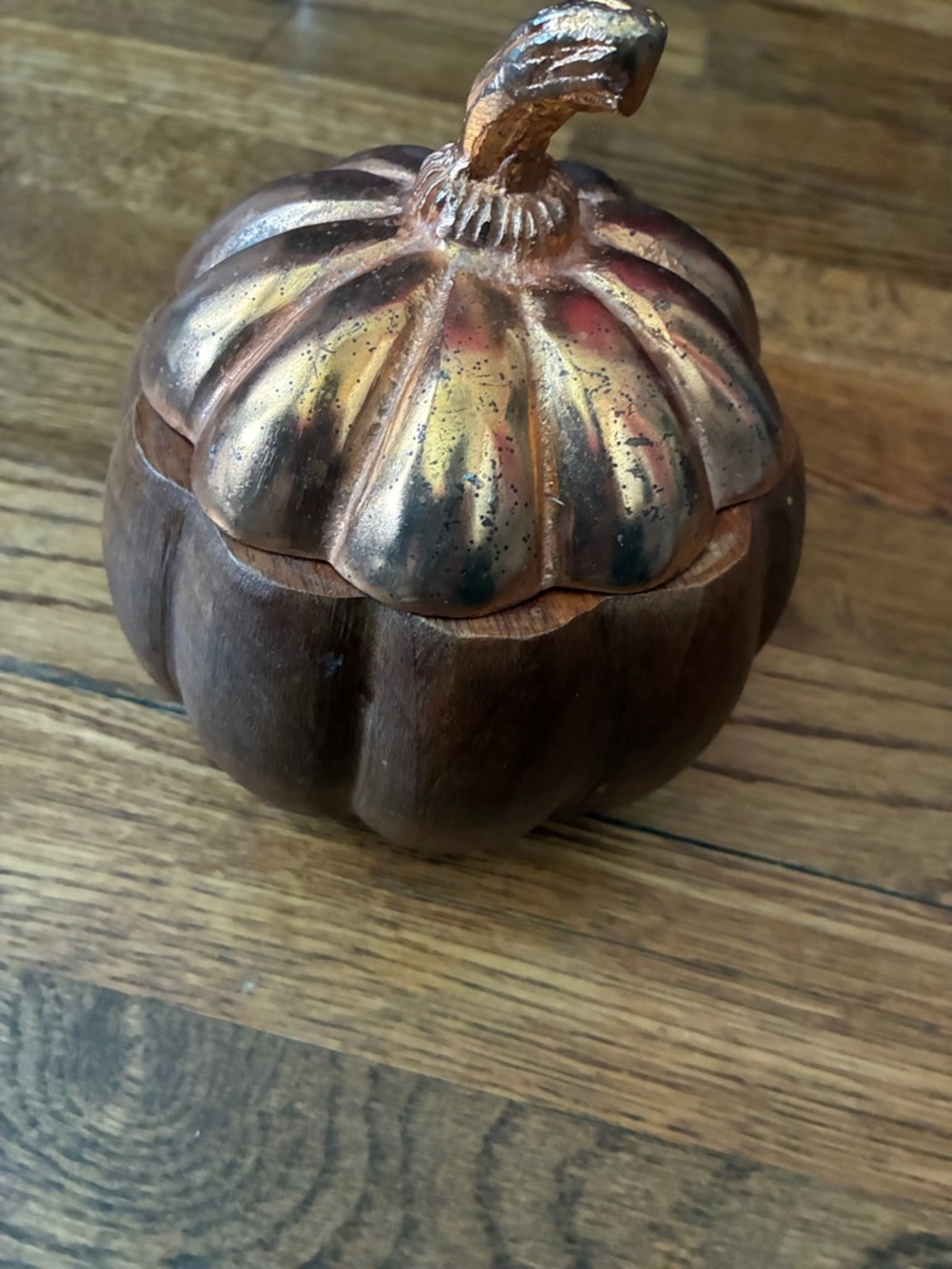 Decorative Pumpkin Trinket Box - Copper Top, Wood Base